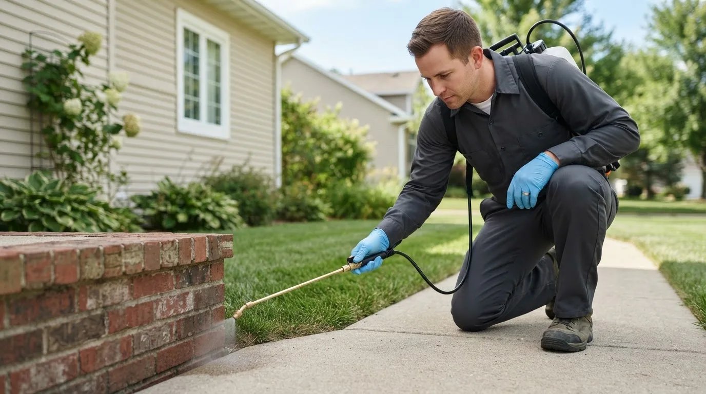 Pest control technician treating a home near West Jordan, UT